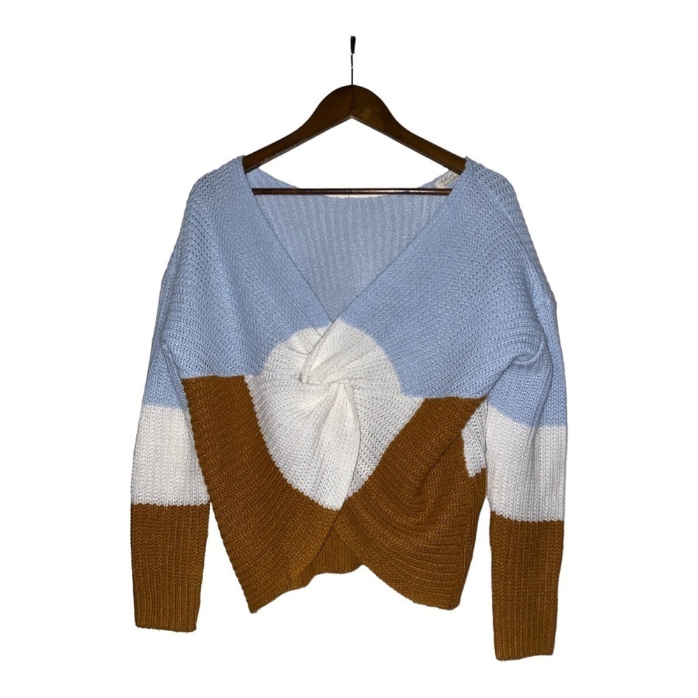 Women Full Circle Swirl Knot Twist Front Colorblock Knit Sweater‎ L Cozy Warm
